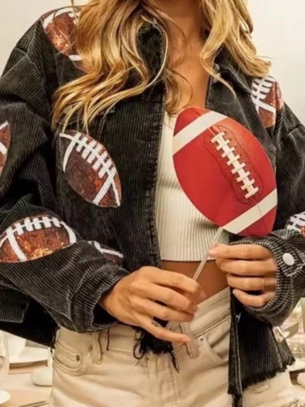 Black Corduroy Football sequin distressed Patch Jacket